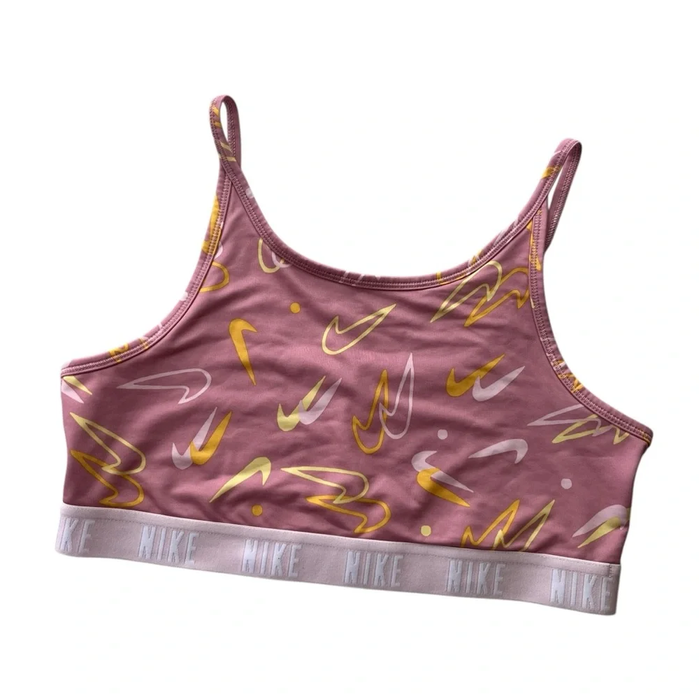 Nike Dri-Fit Girl’s XL Pink Yellow Orange Swoosh Pattern Trophy Sports Bra Girly
